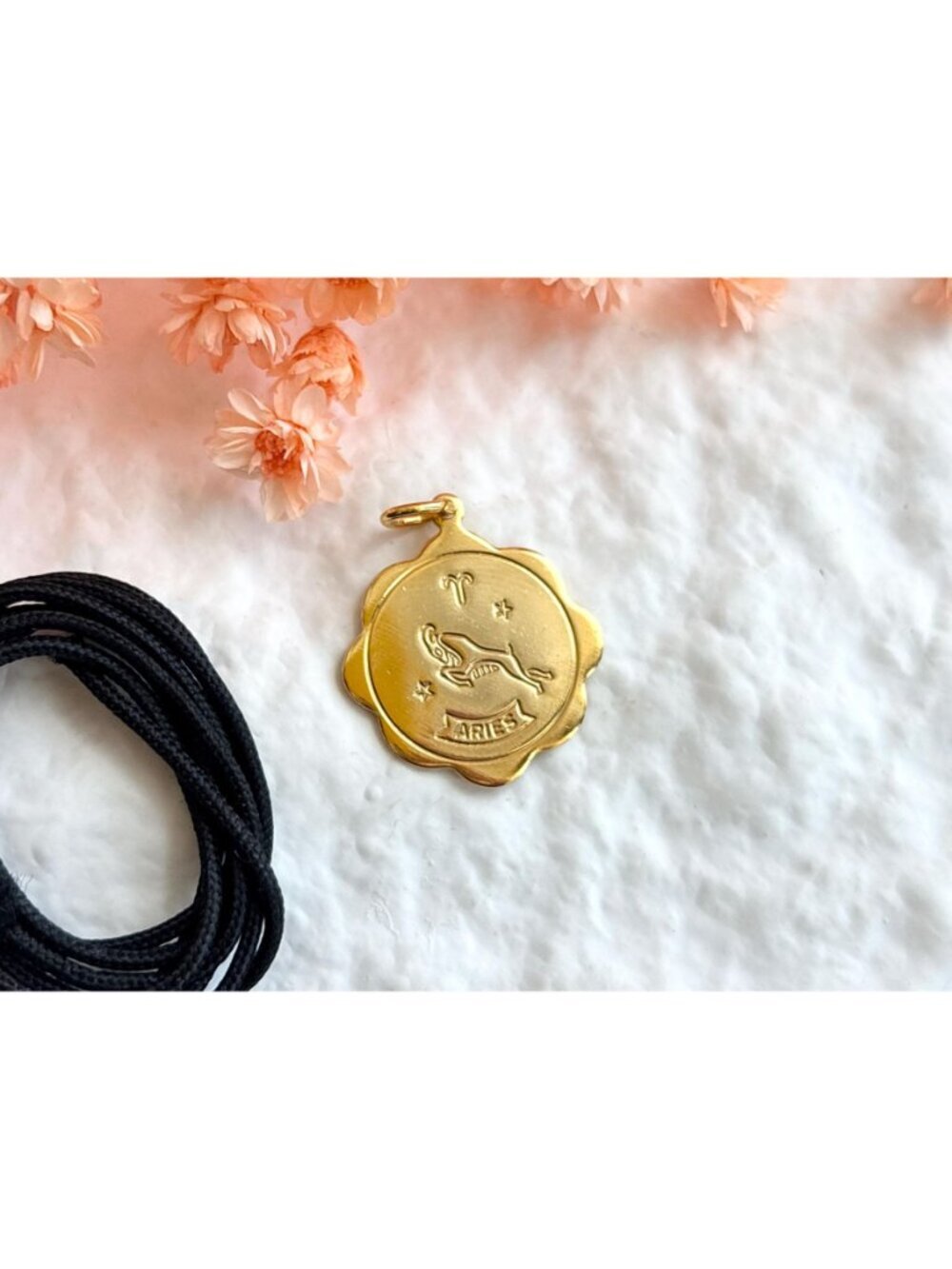 Aries Zodiac Scalloped Gold Toned Vintage Pendant Necklace w/ Black Rope - 26" - Picture 6 of 16